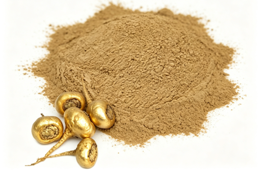 creme em pó de extrato de maca, castanho-amarelado, grande plano