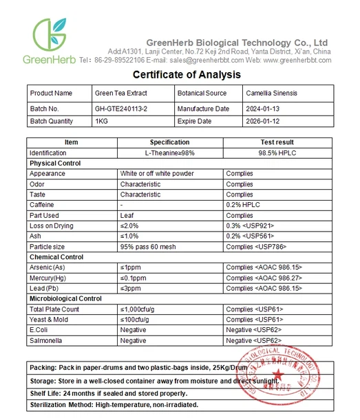 Green Tea Extract L-Theanine COA