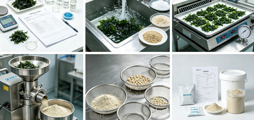Low-temperature dehydration and milling process flowchart for irish moss powder production